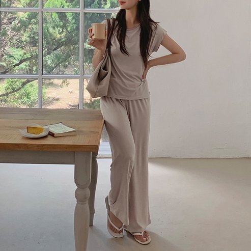 핫핑 레베타 소매 반팔 티셔츠+밴딩 와이드팬츠 set P000CQNR