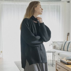 Muffler Set Long Knit Pullover - BLACK