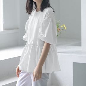 허리셔링 퍼프소매 페플럼 블라우스_P430259543