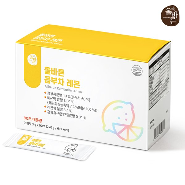 올바른 콤부차 레몬 90포 (1박스) 상큼한 탄산 레몬맛 스틱분말