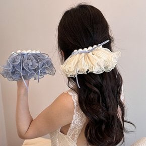 로맨틱 쉬폰 프릴 리본 레이스 진주 펄 헤어 머리핀 집게삔 웨딩 촬영 포니테일 반묶음 올림머리