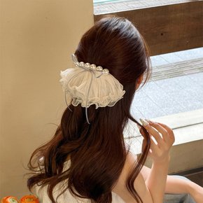 로맨틱 쉬폰 프릴 리본 레이스 진주 펄 헤어 머리핀 집게삔 웨딩 촬영 포니테일 반묶음 올림머리