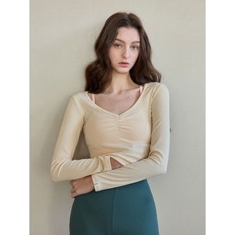 데비웨어 여성 요가복 DEVI-T0126-크림레몬 필라테스 줄리 셔링 롱슬리브