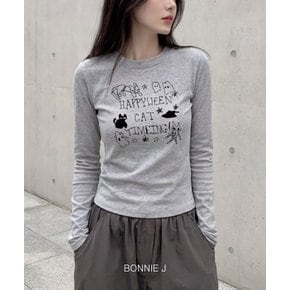 라운드넥 여성 긴소매 고양이 그래핏 긴소매 티셔츠 데일리 3color 맨투맨