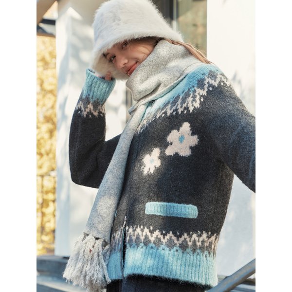 플라워 노르딕 울 가디건 / 블루