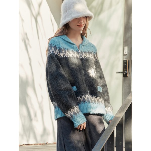 플라워 노르딕 울 가디건 / 블루