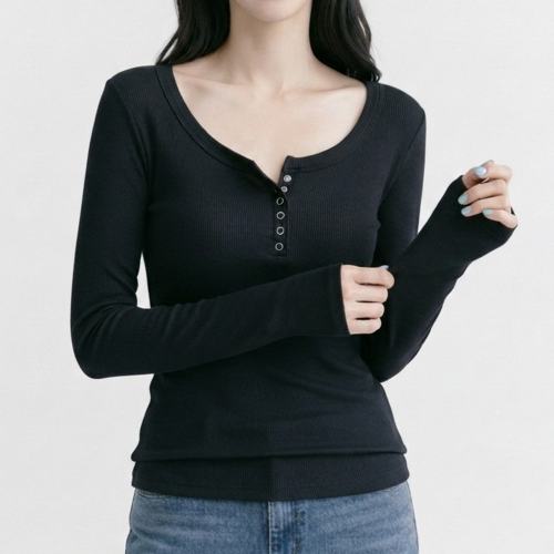 NT3437 슬림핏 무지 골지 버튼 긴팔 티셔츠