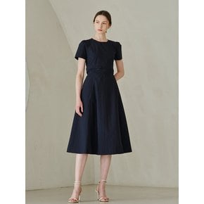 Round Neck Shirring Point Dress - Navy