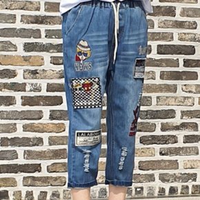 똥싼 배기 바지 7부 밴딩 자수 팬츠 청바지