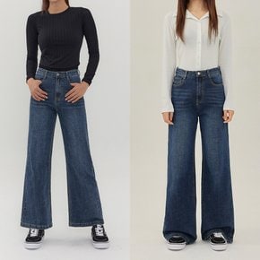 2기장 블루 허리스판 부츠컷 와이드핏 데님 여성 팬츠 (기본기장/긴기장)