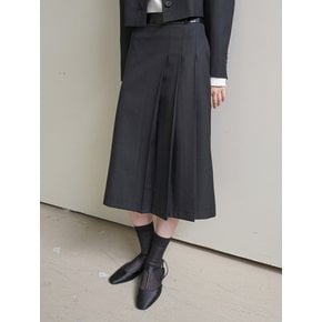 LEATHER BAND WOOL SKIRT / BLACK