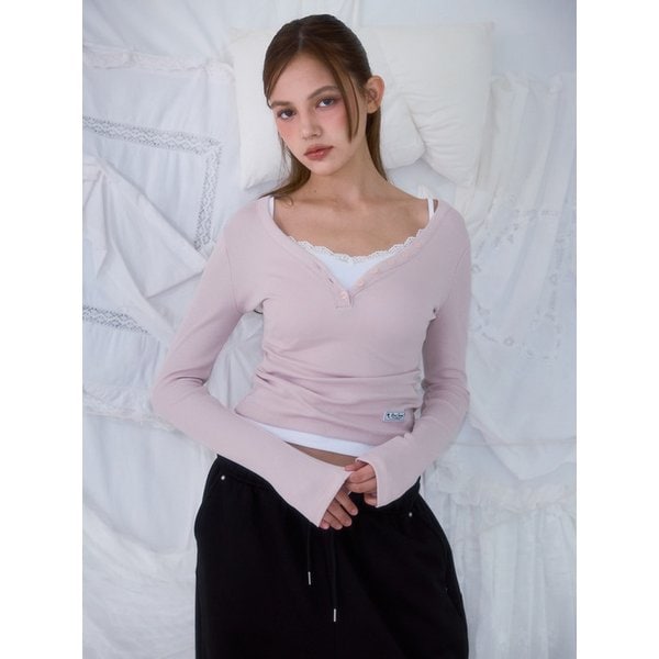 V-neck Button Long Sleeve [Pink]