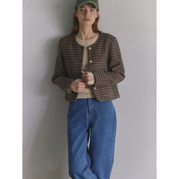 라운드넥 체크 금속 버튼 숏자켓 (TJJAX7142)