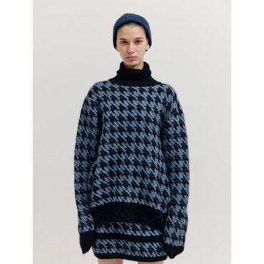 EENK XEZAL Houndstooth Check Knit Turtleneck - Blue/Black