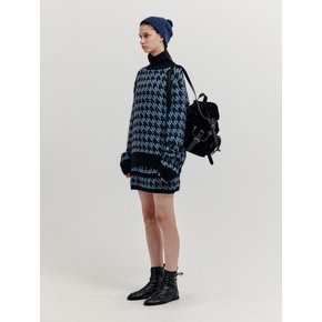 XEZAL Houndstooth Check Knit Turtleneck - Blue/Black