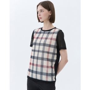 [25SS] [스테디셀러] 블랙 체크프린트 메쉬소매 반팔티셔츠 WNTS5B320BK