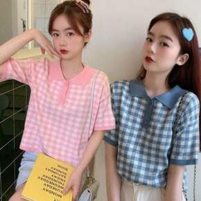 유니크 레이디스 반크롭스타일링 큐트 체크패턴 칼라 여름철