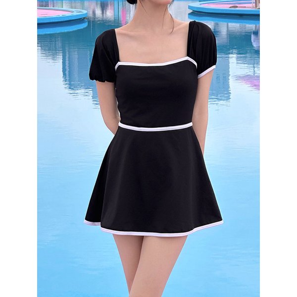 SQUARE NECK PUFF DRESS SWIMSUIT - BLACK