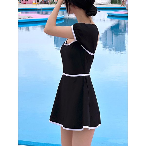 SQUARE NECK PUFF DRESS SWIMSUIT - BLACK