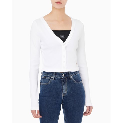 Calvin Klein Jeans 여성 롱슬리브 우븐라벨 립 가디건(47C204G)