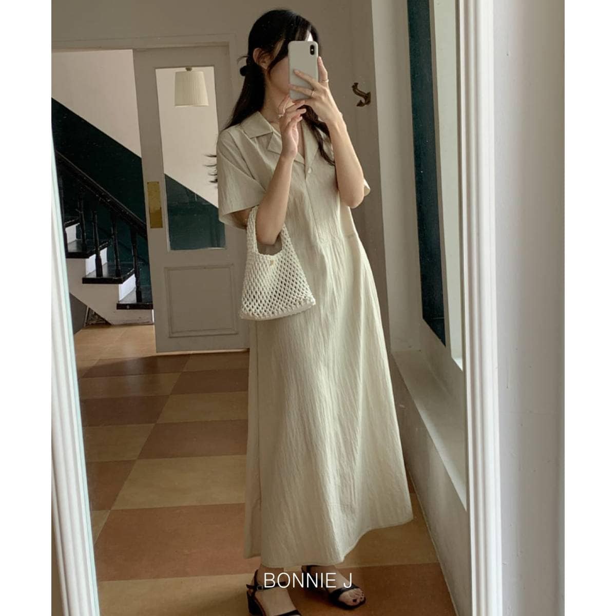 확대된 대표 보니제이 / 보니제이 브이넥 카라 셔츠 원피스 반팔 반소매 미니