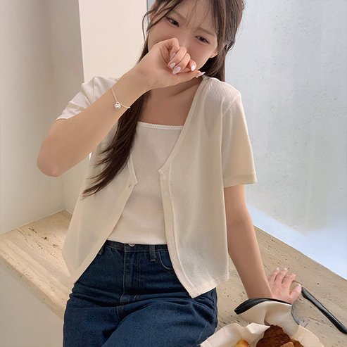 핫핑 키치무드 썸머 브이넥 반팔가디건+나시setP000CQJL