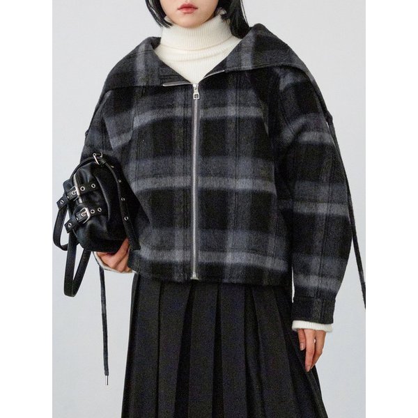 BIG COLLAR ZIP-UP WOOL CHECK JACKET (NAVY)