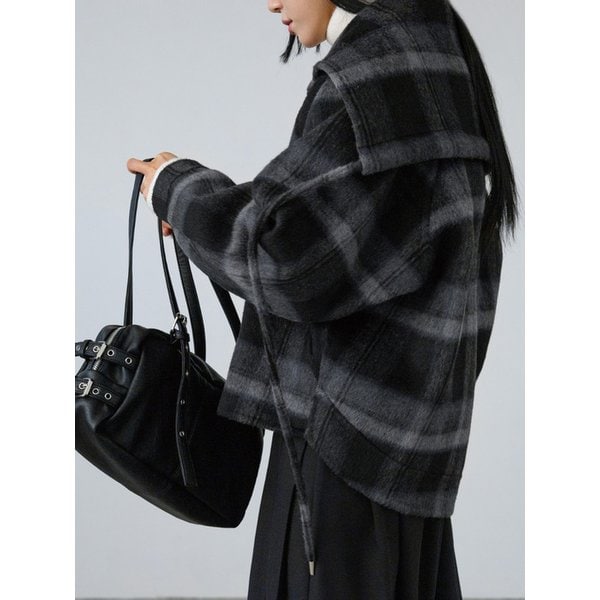 BIG COLLAR ZIP-UP WOOL CHECK JACKET (NAVY)