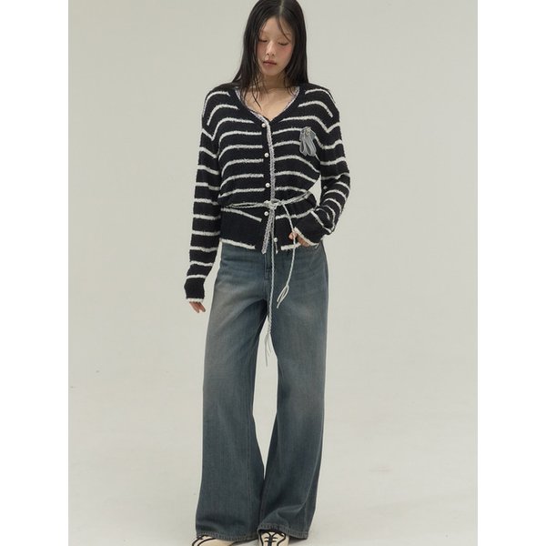 Fringe Trim Marine Knit Cardigan_Black