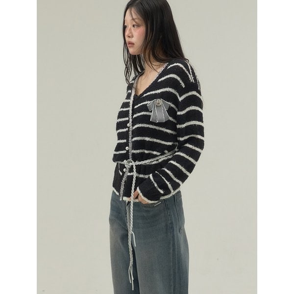 Fringe Trim Marine Knit Cardigan_Black