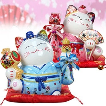 Manekineko 기모노 일본 복고양이 마네키네코 저금통 도자기 인형 2종