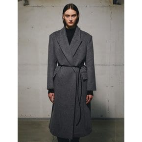 CASHMERE WOOL LEATHER BELTED COAT (CHARCOAL)