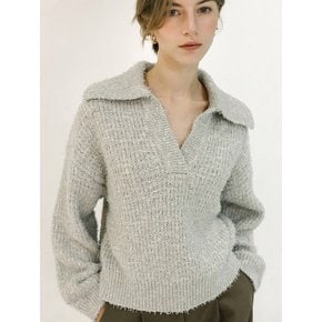 Boucle fur v-neck collar knit