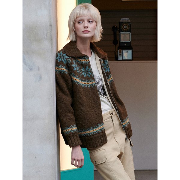 Shearling Nordic Zip Cardigan (Brown)