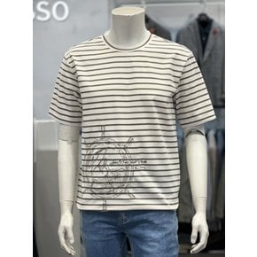 S/S 카키 스트라이프 라운드 자수 아트웍 티셔츠 BSX2KR38AKH