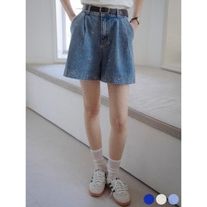Ribbon embroidery double tuck denim shorts[3color]