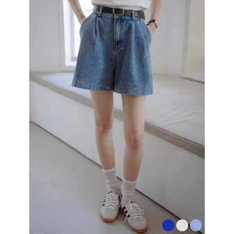 틸아이다이 Ribbon embroidery double tuck denim shorts[3color]