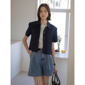 Ribbon embroidery double tuck denim shorts[3color]