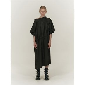 STRAIGHT SHIRRING SHIRTS DRESS [BLACK STRIPE]