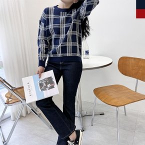 블레오 여성 봄 가을 라운드넥 체크 배색 예쁜 니트 맨투맨