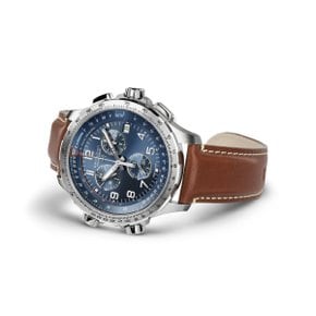 H77922541 카키 에비에이션 X-Wind GMT 크로노 쿼츠 46mm 블루 다이얼 브라운 가죽 남성 시계