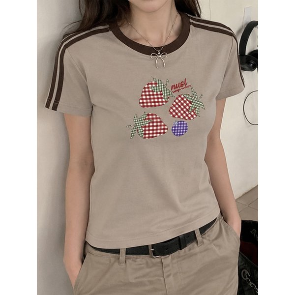 Check Strawberry Semi Crop T-Shirts 6color