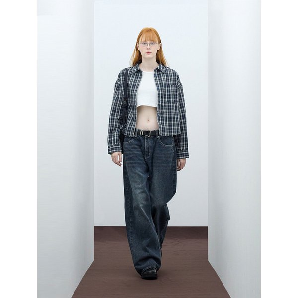 85-VIVA098 뉴트럴 팜 크롭 긴팔 체크 셔츠 네이비