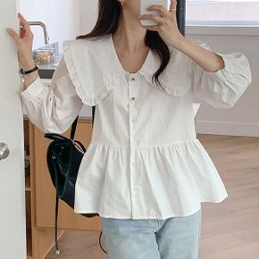 러블리 프릴 빅카라 리본단추 긴팔 페플럼 블라우스 A라인 셔링 봄 가을 간절기.._P403368293