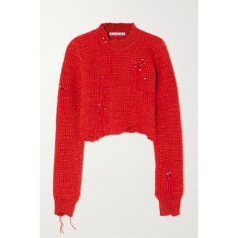 아크네스튜디오 Distressed Embellished Linen And Cotton-blend Sweater 레드