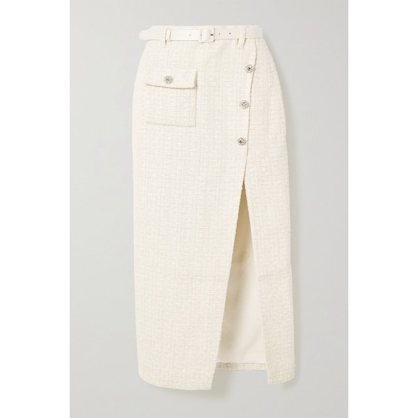 벨트 새틴 트리밍 메탈릭 부클레 트위드 미디 스커트 화이트 1647597310507846