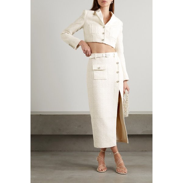 벨트 새틴 트리밍 메탈릭 부클레 트위드 미디 스커트 화이트 1647597310507846