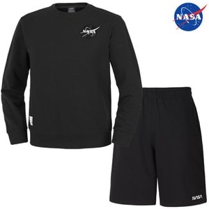 NASA 나사 남녀공용 면 세미 오버핏 와펜 맨투맨+면 반바지 세트  N-259UBK+N-062PBK 빅사이즈