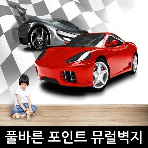 [크레용벽지]  레드 스포츠카 풀바른 포인트 뮤럴벽지(1)