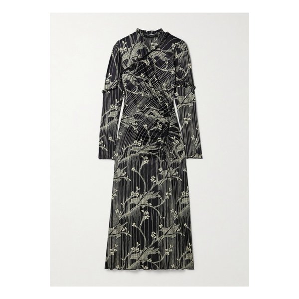 서니바 주름 러플 프린트 스트레치 저지 미디 드레스 블랙 1647597343649697